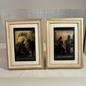 Vintage painting on bubble glass features romantic couples in silhouette form.